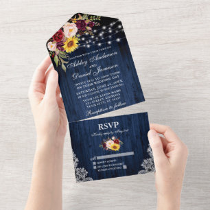 Invitación Todo En Uno Rústico Boda Mezcla Floral Azul Luces de Madera Az
