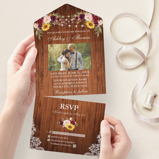 Invitación Todo En Uno Rústico Boda Wood Floral Luces Lace Photo (All In One Wedding Invitation with tear off RSVP Card)