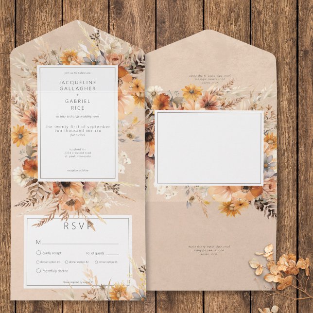 Invitación Todo En Uno Rústico Boho Cae Peach & Rust Floral Cena (Rustic Boho Fall Peach & Rust Floral Dinner All In One Invitation)