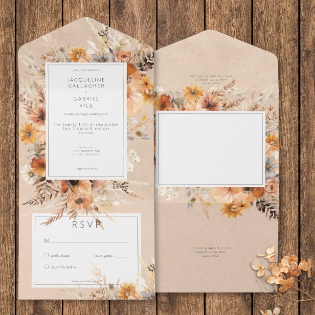Invitación Todo En Uno Rústico Boho Cae Peach & Rust Floral Sin Cena (Rustic Boho Fall Peach & Rust Floral No Dinner All In One Invitation)
