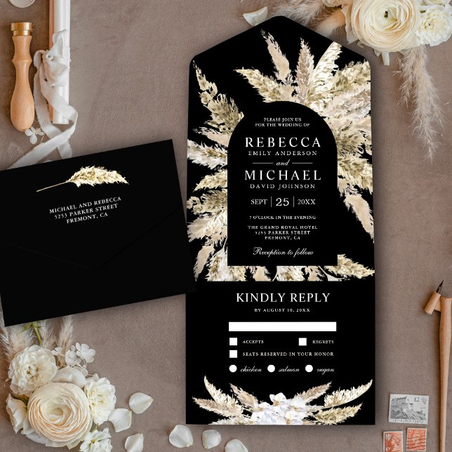 Invitación Todo En Uno Rustico Boho Hierba de Pampas Arco Negro Boda (Subido por el creador)
