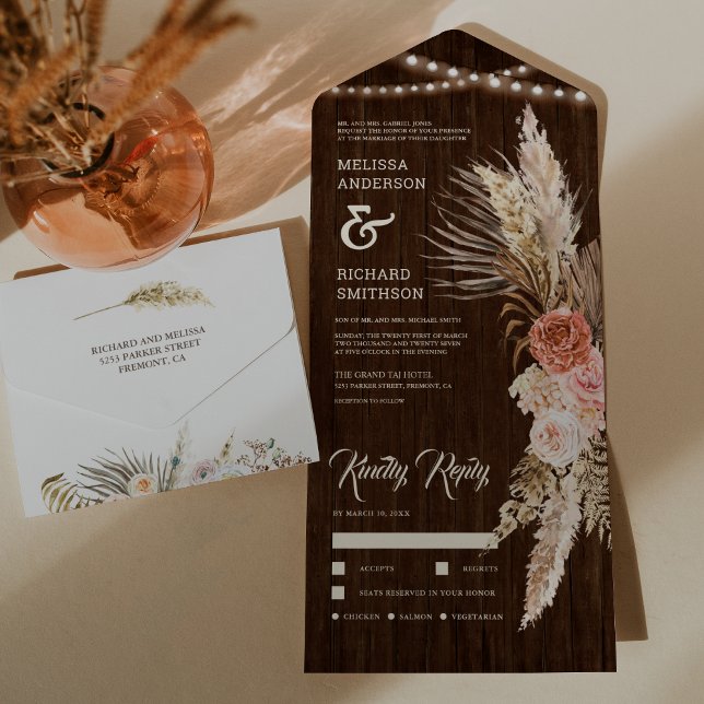 Invitación Todo En Uno Rústico Boho Pampas Boda de la Tierra de la Madera (Subido por el creador)