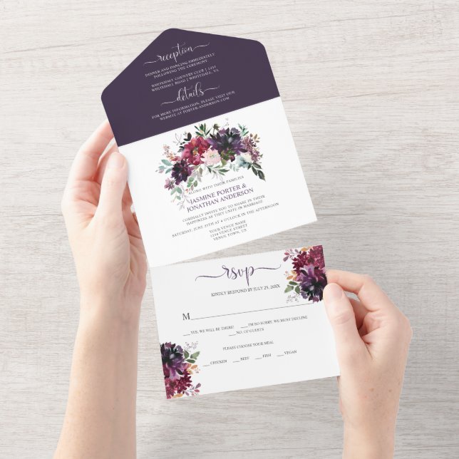 Invitación Todo En Uno Rústico Boho Purple Pluma Rosa Boda Floral Roja (desgarro)