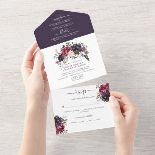 Invitación Todo En Uno Rústico Boho Purple Pluma Rosa Boda Floral Roja