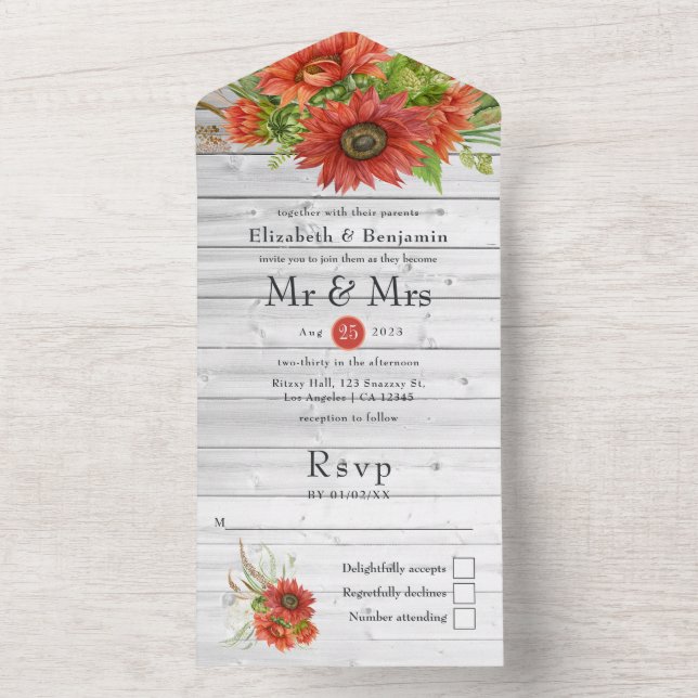 Invitación Todo En Uno Rústico Boho Rojo Sunflowers Country Barn Boda (Interior)