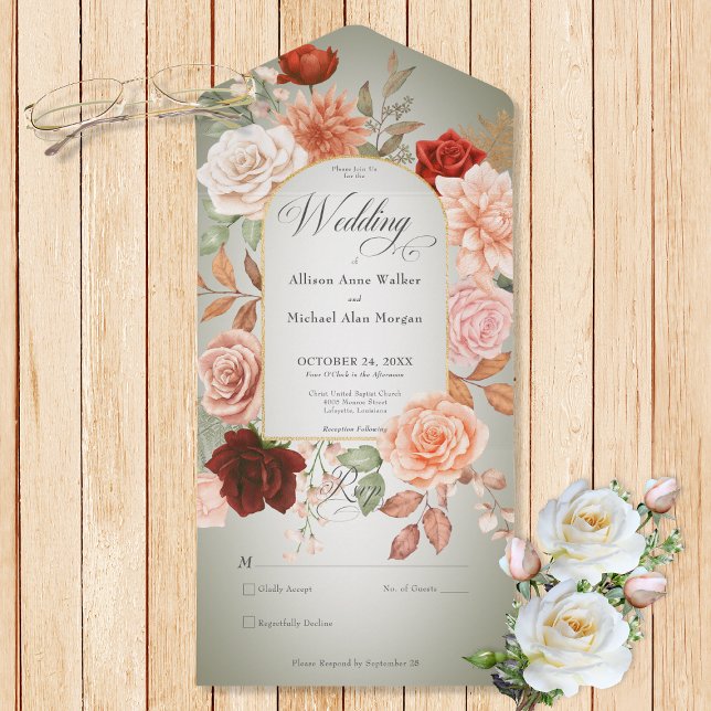 Invitación Todo En Uno Rústico Boho Rust Peach Floral Arch Sage Sin Cena (Also available with a QR code or with dinner selection options.)