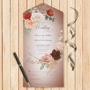 Invitación Todo En Uno Rústico Boho Rust Peach Floral Frame Rust No Cena