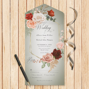 Invitación Todo En Uno Rústico Boho Rust & Peach Floral Frame Sage Cena