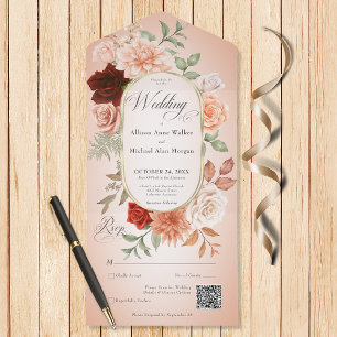 Invitación Todo En Uno Rústico Boho Rust & Peach Floral Oval Rubor QR Cod