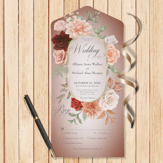 Invitación Todo En Uno Rústico Boho Rust & Peach Floral Oval Rust Dinner (Also available with a QR code or without dinner options.)