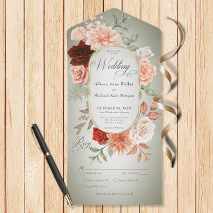 Invitación Todo En Uno Rústico Boho Rust & Peach Floral Oval Sage Cena