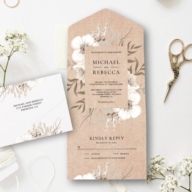 Invitación Todo En Uno Rústico Burlap Boho Ivory Floral Bouquet Boda (Subido por el creador)