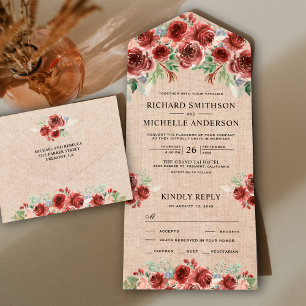 Invitación Todo En Uno Rústico Burlap Country Marsala Floral Bloom Boda