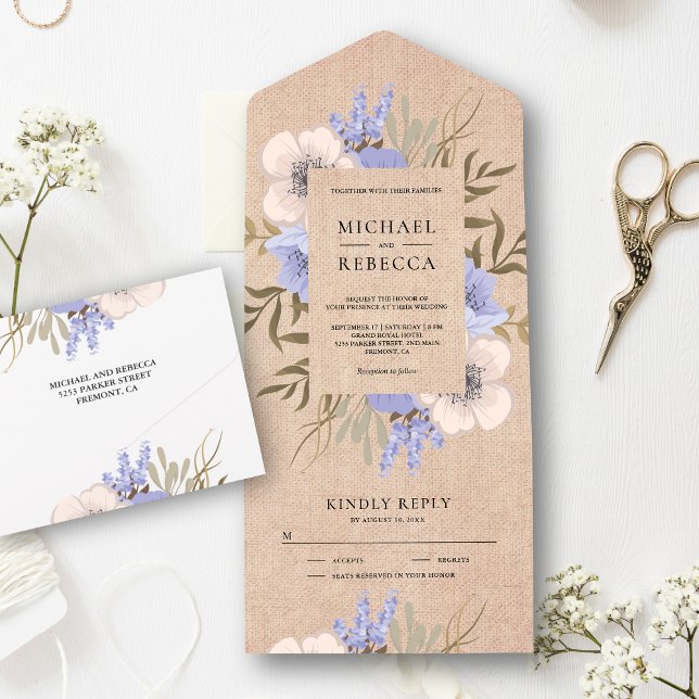 Invitación Todo En Uno Rústico Burlap Lavender Floral Bouquet Boda (Subido por el creador)