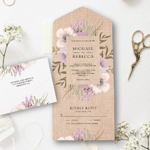 Invitación Todo En Uno Rústico Burlap Mauve Purple Floral Bouquet Boda