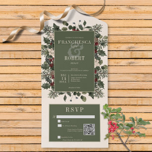 Invitación Todo En Uno Rústico Código QR de Berries y Crema de Pino