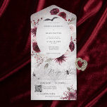 Invitación Todo En Uno Rústico Código QR de floral gótica negra y borgoño<br><div class="desc">DISPONIBLE CON O SIN CÓDIGO QR O CON O SIN OPCIONES DE SELECCIÓN DE CENAS. Presentamos nuestra encantadora y única invitación de bodas con temática de Halloween, perfecta para parejas que se atreven a aceptar lo extraordinario! En un marco gris agrio y angustiado, esta invitación combina la belleza etérea de...</div>
