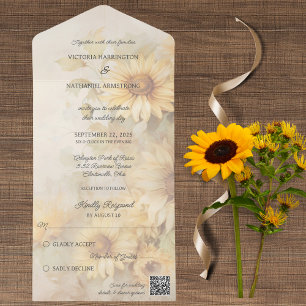 Invitación Todo En Uno Rústico Código QR de girasoles dorados
