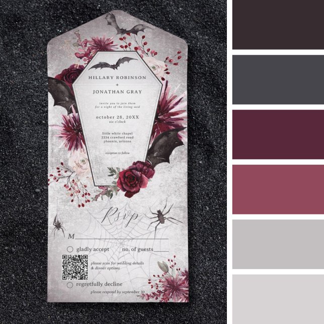 Invitación Todo En Uno Rústico Código QR de Halloween Rótico Gótico Negro (Rustic Gothic Black Burgundy Halloween Matching Colors Palette)