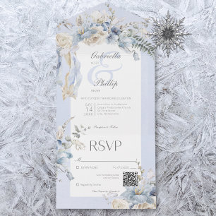 Invitación Todo En Uno Rústico Código QR Floral Azul y Blanco Escarcha de