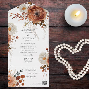 Invitación Todo En Uno Rústico Código QR floral de otoño