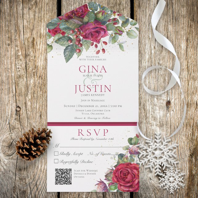 Invitación Todo En Uno Rústico Código QR para Rosas de vino rojo invernal (Subido por el creador)
