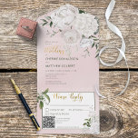 Invitación Todo En Uno Rústico Código QR rosa floral para personas blanca<br><div class="desc">DISPONIBLE CON NUESTRO CÓDIGO SIN QR PARA ESCALAR. Sencillo y elegante, este diseño presenta una gran variedad de flores blancas, incluyendo rosas y peonías, sobre un suave fondo de color rosa rosa. Agregue una dirección URL de código QR a su invitación para que los visitantes puedan acceder rápidamente a su...</div>