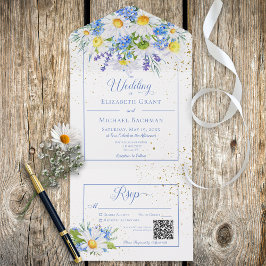 Invitación Todo En Uno Rústico Daisies y Floral Azul Código QR
