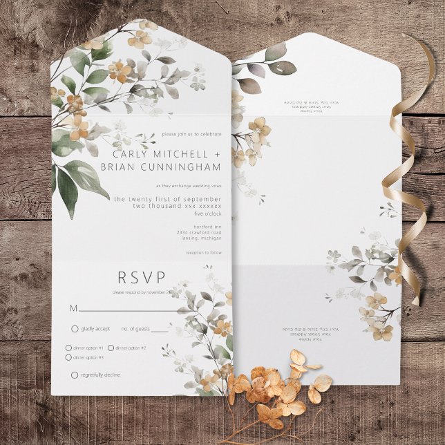 Invitación Todo En Uno Rústico Delicate Tan Fall Wildflowers Cena (Rustic Delicate Tan Fall Wildflowers All In One Wedding Invitation with Dinner Options)