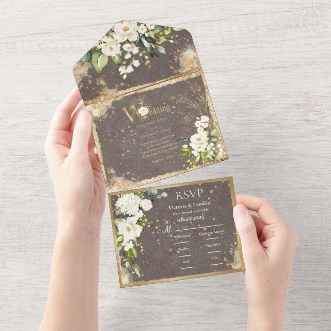Invitación Todo En Uno Rústico elegante botánico floral blanco dorado (desgarro)
