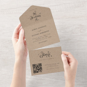 Invitación Todo En Uno Rústico estilo Kraft Typografía moderna Código Qr