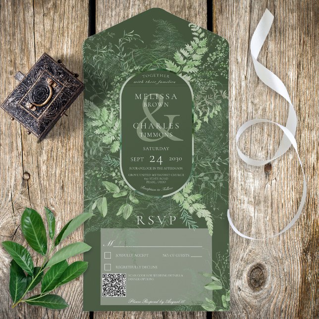 Invitación Todo En Uno Rústico Foliage Verde Esmeralda Código QR (Also available without a QR code; with or without dinner selection options.)