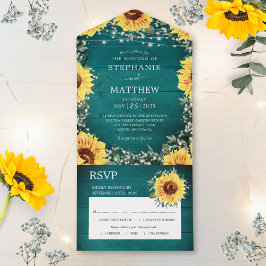 Invitación Todo En Uno Rústico girasol bebe Boda Verde azulado de la fron