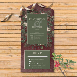 Invitación Todo En Uno Rústico invierno Berries y cena de pino borgoña