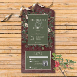 Invitación Todo En Uno Rústico invierno Berries y código QR de Borgoña Pi