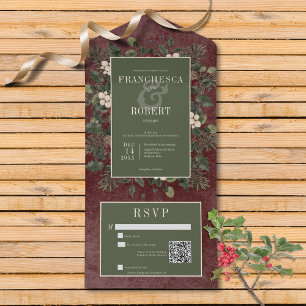Invitación Todo En Uno Rústico invierno Berries y código QR de Borgoña Pi
