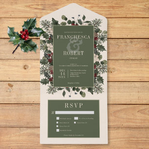 Invitación Todo En Uno Rústico invierno Berries y crema de pino para tres
