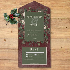 Invitación Todo En Uno Rústico invierno Berries y detalles de borgoña de 