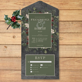 Invitación Todo En Uno Rústico invierno Berries y Pine Black Tres Cenas