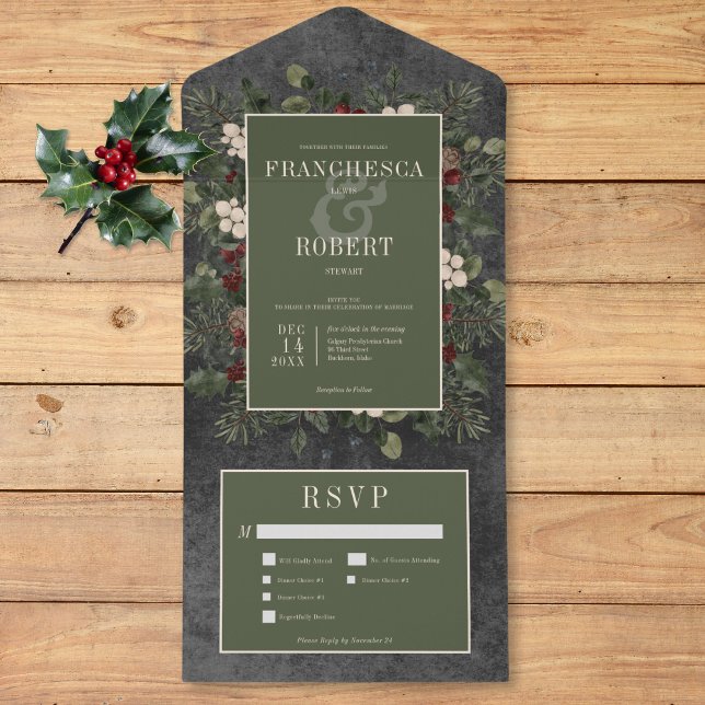 Invitación Todo En Uno Rústico invierno Berries y Pine Black Tres Cenas (Rustic Winter Berries & Pine Black Three Dinner All In One Invitation)