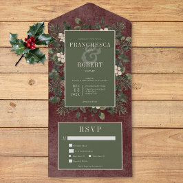Invitación Todo En Uno Rústico invierno Berries y Pine Burgundy Dos Cenas