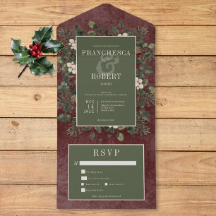 Invitación Todo En Uno Rústico invierno Berries y Pine Burgundy Dos Cenas