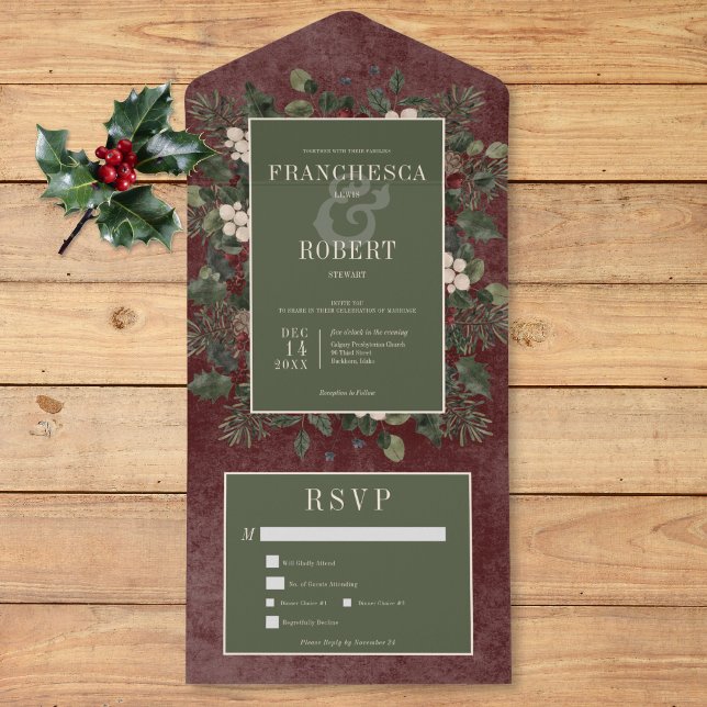 Invitación Todo En Uno Rústico invierno Berries y Pine Burgundy Dos Cenas (Rustic Winter Berries & Pine Burgundy Two Dinner All In One Invitation)