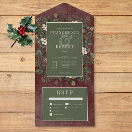 Invitación Todo En Uno Rústico invierno Berries y Pine Burgundy Tres Cena