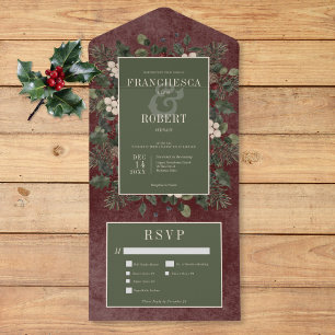 Invitación Todo En Uno Rústico invierno Berries y Pine Burgundy Tres Cena