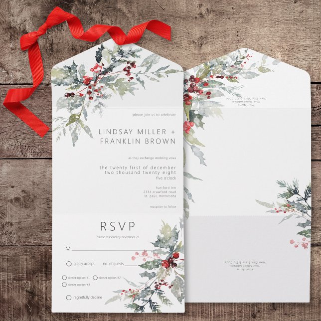 Invitación Todo En Uno Rústico invierno Holly Berries y cena de nieve (Rustic Winter Holly Berries & Snow All In One Wedding Invitation with Dinner Options)