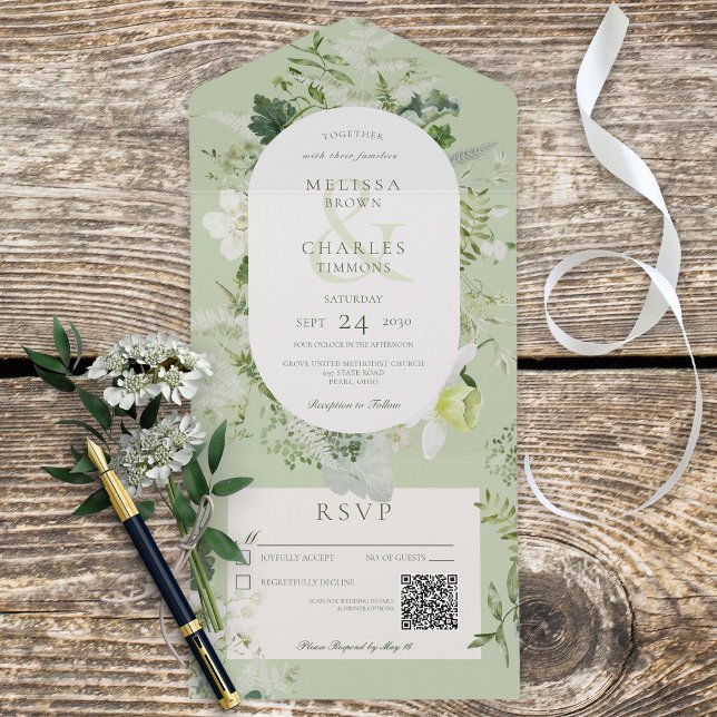 Invitación Todo En Uno Rústico Ivy Ferns & Greeneration Sage Green QR Cod (Also available without a QR code; with or without dinner selection options.)