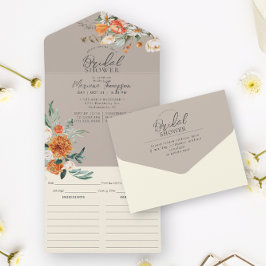 Invitación Todo En Uno Rústico Naranja Floral Taupe Bridal Ducha y Receta