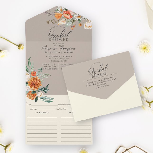 Invitación Todo En Uno Rústico Naranja Floral Taupe Bridal Ducha y Receta (Subido por el creador)