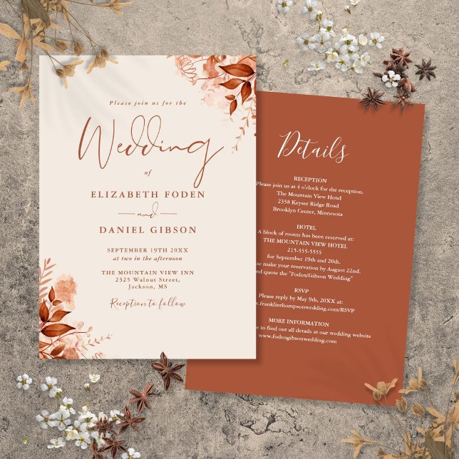 Invitación Todo En Uno Rústico Otoño Floral Boda (All In One Rustic Autumn Fall Floral Wedding Invitation)